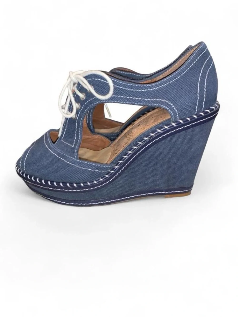 Women's Blue Denim Lace-Up Wedge Sandals